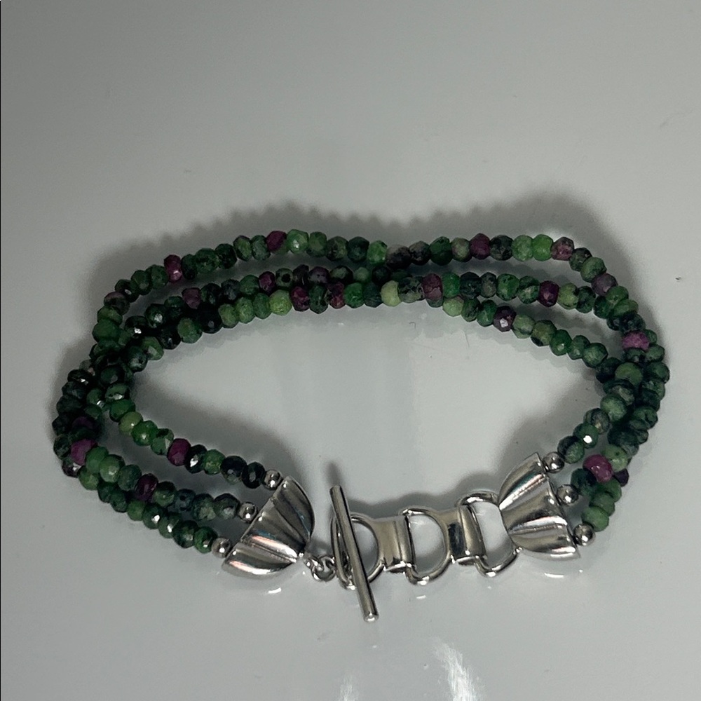 Artisan Made Genuine Ruby Zoisite Gemstone 3Row Toggle Close Bracelet